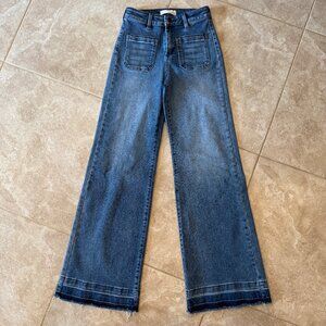 RISEN Medium Wash Ombre Hem Patch Pocket Wide Leg Jeans